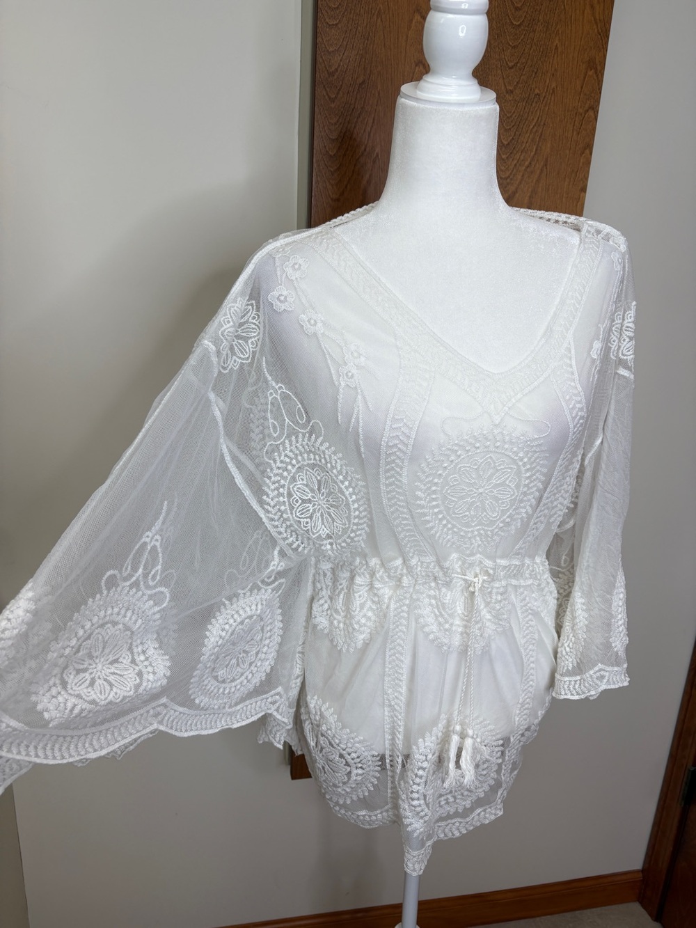 Womans Sheer Mesh Embroidered Top Cover Up Boho Angelcore One Size Drawstring